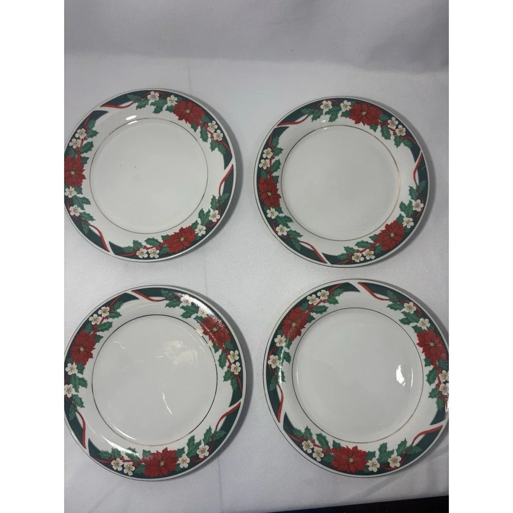 🎄Set of 4 Tienshan Fine China Deck the Halls Christmas Dinner Plates Poinsettia